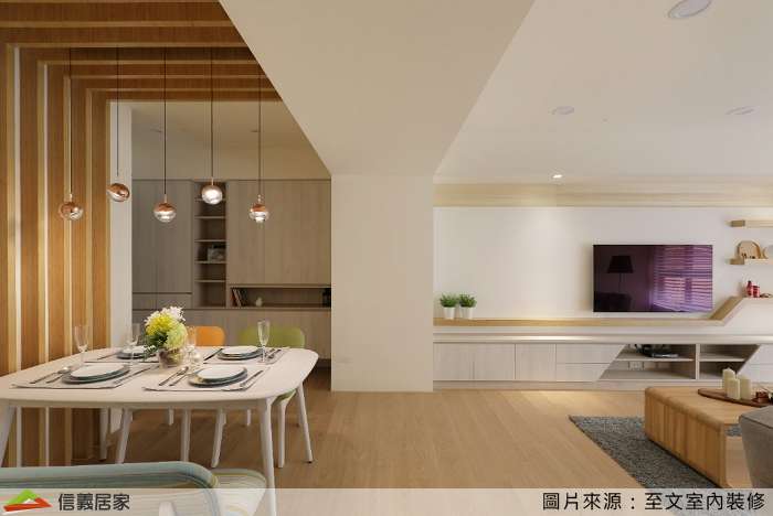 白色客廳室內裝潢設計，包括沙發、茶几、收納櫃、餐桌、電視櫃、地毯、餐椅裝潢圖片