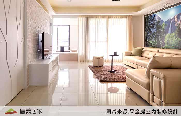 白色客廳室內裝潢設計，包括電視牆、L型沙發裝潢圖片
