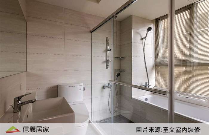 米色淋浴間室內裝潢設計，包括洗手台、淋浴/花灑裝潢圖片