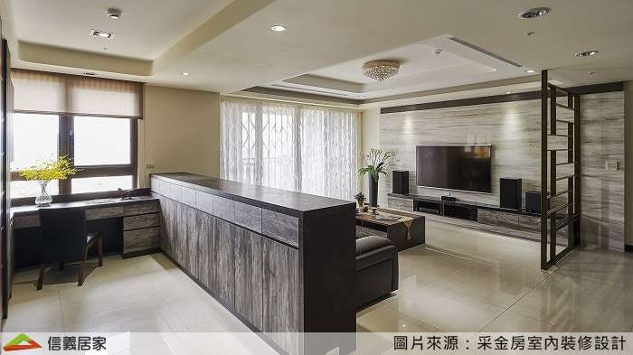 咖啡色客廳室內裝潢設計，包括電視牆、大理石牆/檯面裝潢圖片