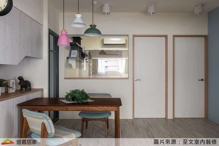 米色餐廳室內裝潢設計，包括吊燈、餐桌、餐椅裝潢圖片