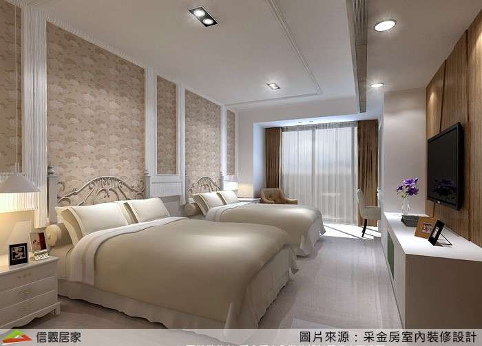 米色臥室室內裝潢設計，包括窗簾、床、電視牆、電視櫃裝潢圖片