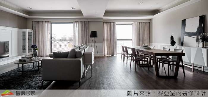 灰色客廳,灰色餐廳室內裝潢設計，包括窗簾、沙發、餐桌、電視櫃、地毯、餐椅裝潢圖片