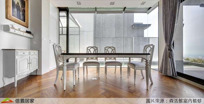 白色餐廳室內裝潢設計，包括餐桌、餐椅裝潢圖片