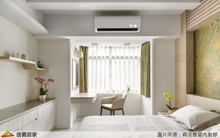 白色臥室室內裝潢設計，包括窗簾、床、收納櫃裝潢圖片
