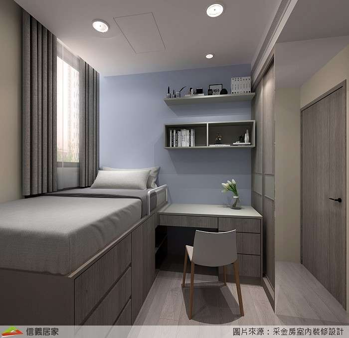 藍色臥室室內裝潢設計，包括床裝潢圖片
