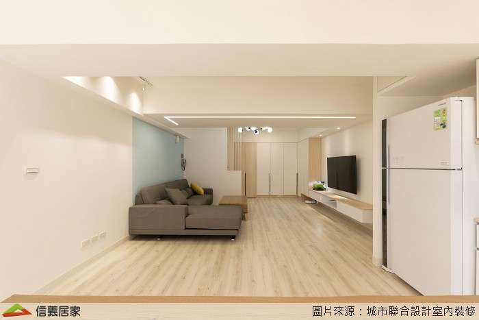 米色客廳,米色餐廳室內裝潢設計，包括茶几、L型沙發裝潢圖片