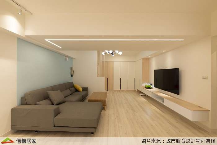 米色客廳室內裝潢設計，包括茶几、收納櫃、吊燈、L型沙發裝潢圖片