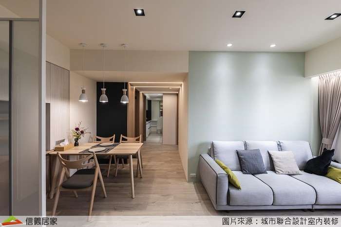 米色客廳,米色走道室內裝潢設計，包括沙發、吊燈、餐桌、餐椅裝潢圖片