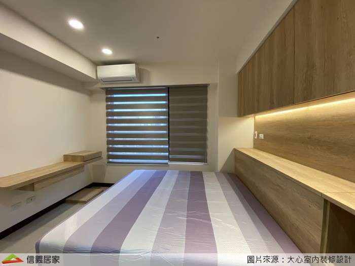 白色臥室室內裝潢設計，包括窗簾、收納櫃、嵌燈、置物櫃裝潢圖片