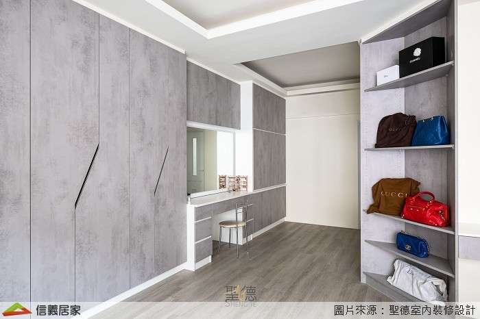 灰色臥室室內裝潢設計，包括收納櫃、椅子、展示櫃、化妝台、置物櫃裝潢圖片