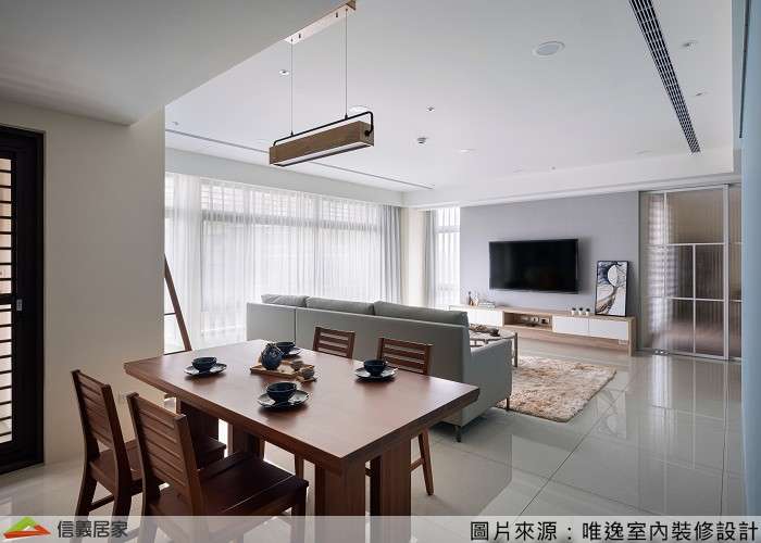 白色客廳,白色餐廳室內裝潢設計，包括沙發、茶几、吊燈、餐桌、電視櫃、餐椅裝潢圖片