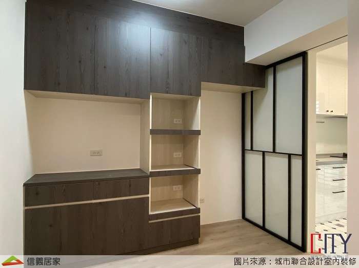 白色廚房室內裝潢設計，包括收納櫃、流理台、置物櫃、拉門裝潢圖片