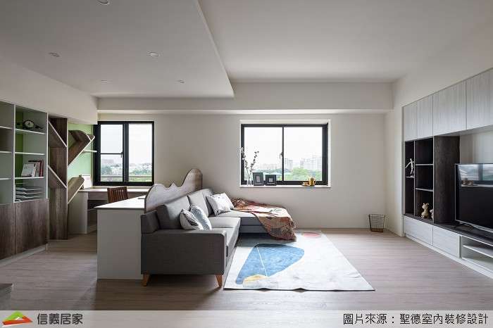 白色客廳,白色書房室內裝潢設計，包括收納櫃、電視牆、電視櫃、書桌、L型沙發裝潢圖片