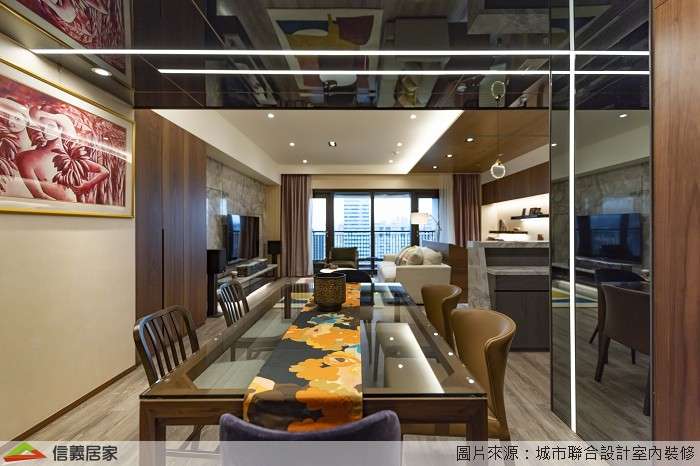 咖啡色餐廳室內裝潢設計，包括沙發、茶几、吊燈、餐桌、電視牆、餐椅裝潢圖片