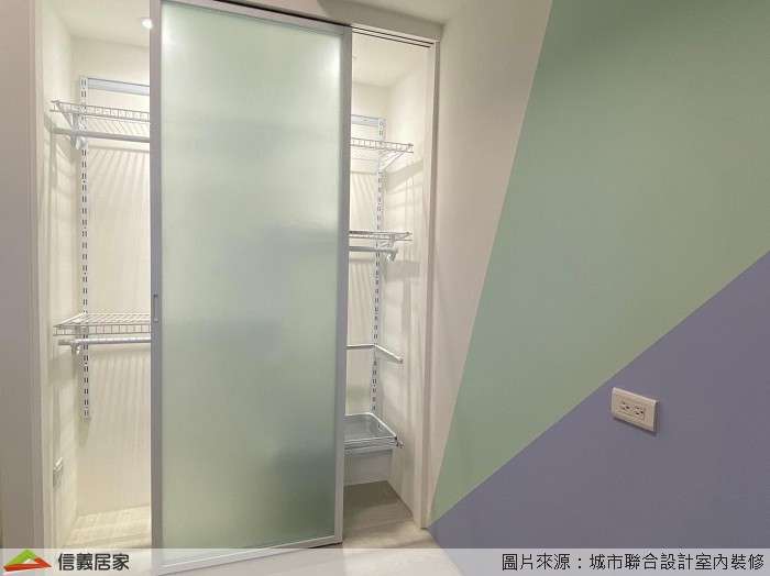 綠色臥室室內裝潢設計，包括收納櫃、床頭主牆、置物櫃裝潢圖片